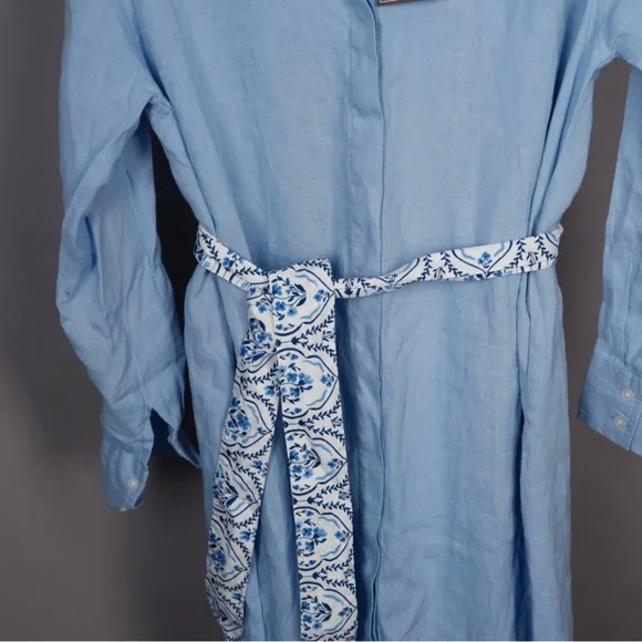Madison Mathews 100% Linen Light Blue Maxi Shirt Dress with Tie Medium NWT - Picture 7 of 11